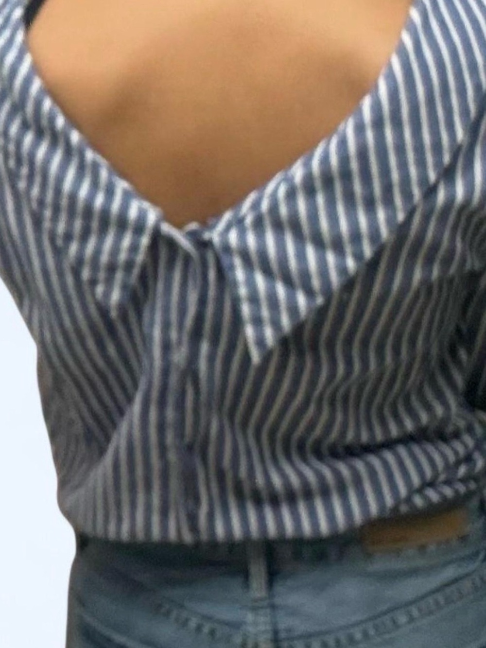 Striped Blue-White Button-Back Women's Top